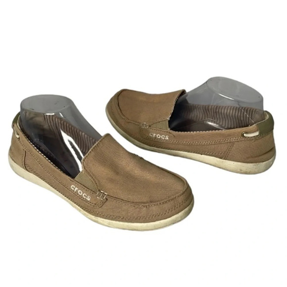 CROCS Walu Tan Canvas Loafer Deck Boat  Shoe Non-mark Sole Preppy Logo Coastal 8 - Picture 13 of 13